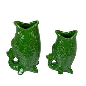 Set of 2 Green Glossy Porcelain Vases 8in Gurgling Fish Coastal Decor
